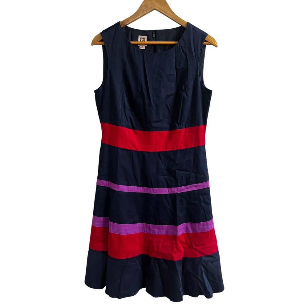 Anne Klein Womens Navy Blue Striped Sleeveless Fit and Flare Midi Dress Size 10